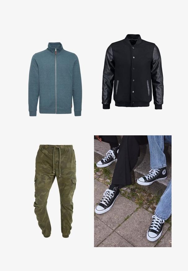 Musta pommittaja takki, jossa villakangasrunko ja nahkahihat. Varustettu pystykovalla, etupainonapeilla ja sivutaskuilla. Yksivärinen, ilman kuvioita.; Vetoketjullinen huppari teallin värissä, valmistettu pehmeästä kankaasta. Siinä on korkea kaulus, pitkät hihat ja kaksi sivutaskua. Minimalistinen muotoilu ilman kuvioita.; Oliivinvihreä puuvillainen t-paita, jossa suuri musta Levi's-logo kontrastivärisenä puolikaarena rinnalla. Normaali istuvuus.; Vihreät kamotavarat, joissa on piilokuvio, kiristysnauhavyötärö, elastiset hihnat ja sivutaskut. Valmistettu kestävästä kankaasta.; Mustat korkeat kangaslenkkarit, joissa on valkoiset kumipohjat ja nauhat, sivussa on pyöreä logo, ja ne on yhdistetty farkkuihin ja mustiin housuihin.