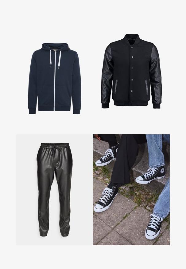Czarna kurtka bombowca z wełnianym korpusem i skórzanymi rękawami. Posiada stójkę, zapięcie na napy z przodu i boczne kieszenie. Jednolity kolor, bez wzorów.; Granatowa bluza z kapturem na zamek z miękkiego materiału, z przednią kieszenią, białymi sznurkami do ściągania oraz prążkowanymi mankietami na końcach rękawów.; Bawełniany t-shirt w oliwkowej zieleni z dużym czarnym logo Levi's w kontrastowym, półokrągłym kształcie na piersi. Regularny krój.; Czarne skórzane spodnie dresowe z elastycznym pasem i regulowanym sznurkiem. Gładka faktura, tapered fit oraz ściągacze u kostek.; Czarne wysokie trampki z kanwy z białymi gumowymi podeszwami i sznurówkami, z okrągłym logo z boku, w zestawie z dżinsami i czarnymi spodniami.