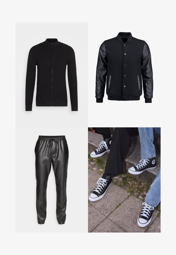 Giubbotto bomber nero con corpo in lana e maniche in pelle. Presenta un colletto alto, bottoni a pressione frontali e tasche laterali. Monocromatico, senza motivi.; Maglione zip-up nero con collo alto. Realizzato in materiale a maglia testurizzato. Maniche lunghe e taglio dritto con polsini e orlo a coste.; T-shirt di cotone verde oliva con un grande logo Levi's nero in una forma semi-arcuata a contrasto sul petto. Vestibilità regolare.; Pantaloni jogger neri in pelle con vita elastica e cordino regolabile. Texture liscia, vestibilità affusolata e caviglie con polsini.; Sneakers alti neri in tela con suole e lacci bianchi, dotati di un logo circolare di lato e abbinati a pantaloni in denim e neri.