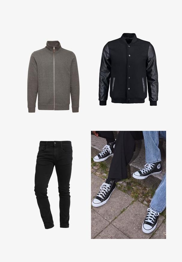 Mustmust on musta jope, millel on villane keha ja nahkvarrukad. Omab seisvat kraed, esisiidme nööpe ja küljetaskuid. Ühtlane värv, ilma mustriteta.; Hall gray zip-up jakk, millel on kõrge kaelus, külgtaskud ja soonikkoes mansetid. Valmistatud pehmest kangast, puhta ja minimalistliku disainiga.; Õliva rohelise puuvillase T-särgiga, millel on suur must Levi'si logo kollase poolkaarekujulisena üle rinna. Regulaarne lõige.; Slim-fit mustad teksad eespooltaskutega, vöörihmadega, nupuga sulgemisega ning kergelt kortsus jalgades.; Mustad musta värvi kõrged kanvasist tossud valgete kummitaldade ja nööridega, külgedel ringikujuline logo ning kombineeritud denimist ja mustade pükstega.