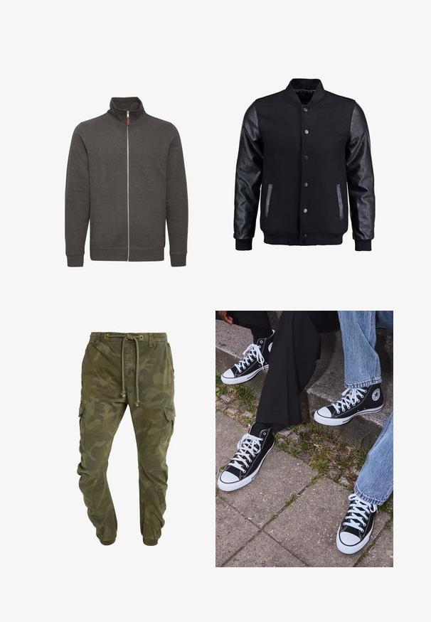 Črna bomberska jakna z volnenim telesom in usnjenimi rokavi. Ima stoječ ovratnik, sprednje snemljive gumbe in stranske žepke. Enobarvna, brez vzorcev.; Siva zip-up jakna z visokim ovratnikom, izdelana iz mehkega materiala, z dvema stranskima žepoma ter rebrastima manšetama in robom.; Olivno zelena bombažna majica s kratkimi rokavi, na prsih pa se nahaja velik črn Levi's logotip v kontrastni polkrožni obliki. Redna prileganost.; Zelenice cargo hlače s kamuflažnim vzorcem, z vrvico v pasu, elastičnimi manšetami in stranskimi žepi. Narejene iz trpežne tkanine.; Črne visoke platnene teniske z belimi gumijastimi podplati in vezalkami, z ovalnim logotipom na strani, v kombinaciji z džinsom in črnimi hlačami.