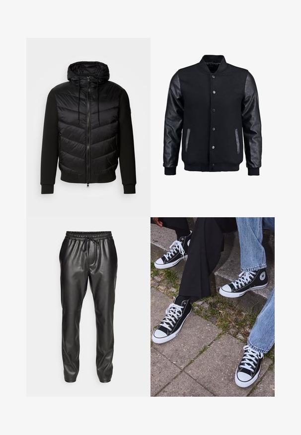 Melns bomber jakas ar vilnas korpusu un ādas piedurknēm. Iespējas ar stāvošu apkakli, priekšējiem pogām un sānu kabatām. Vienkrāsains, bez rakstiem.; Melns jaciņš ar pūkainu quilted priekšpusi un mīkstām auduma piedurknēm. Iespējas: kapuce, pilna rāvējslēdzēja aizdare un sānu kabatas.; Olivzaļš kokvilnas T-krekls ar lielu melnu Levi's logotipu kontrastējošā pusloka formā krūtīs. Parasts piegriezums.; Melnas ādas sporta bikses ar elastīgu jostasvietu un regulējamu auklu. Gluda tekstūra, sašaurināta piegriezuma, un ar aprocēm pie potītēm.; Melni augstie kanvas sporta apavi ar baltām gumijas zolemi un šņorēm, ar apļa logotipu sānos, kombinēti ar džinsu un melnām biksēm.