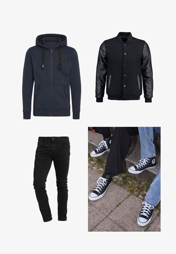 Melns bomber jakas ar vilnas korpusu un ādas piedurknēm. Iespējas ar stāvošu apkakli, priekšējiem pogām un sānu kabatām. Vienkrāsains, bez rakstiem.; Tumša jūrmalas krāsas kapuci zipa džemperis, izgatavots no mīksta auduma; tam ir kapuce, stingri auklas, divas priekšējās kabatas un ribotās piedurknes.; Olivzaļš kokvilnas T-krekls ar lielu melnu Levi's logotipu kontrastējošā pusloka formā krūtīs. Parasts piegriezums.; Slim-fit melni džinsi ar priekšējiem kabatām, jostai paredzētām cilpām, pogu aizdari un nelielu krokojumu gar kājām.; Melni augstie kanvas sporta apavi ar baltām gumijas zolemi un šņorēm, ar apļa logotipu sānos, kombinēti ar džinsu un melnām biksēm.