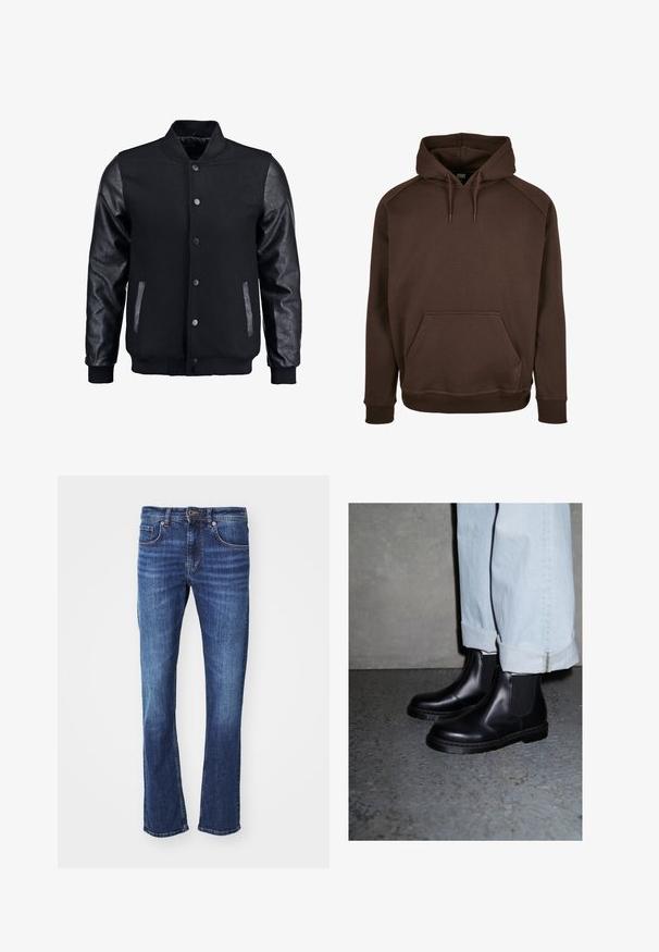 Juodas bomberio tipo švarkas su vilnoniu korpusu ir odinėmis rankovėmis. Savybės: stovintis apykaklė, priekiniai spaudiniai mygtukai ir šoniniai kišenės. Vienodos spalvos, be raštų.; Ruda kapučio džemperis, pagamintas iš minkštos medžiagos, su priekinėmis kišenėmis, gumuotomis rankovėmis ir apatine dalimi. Lygi tekstūra su reguliuojamais raišteliais.; Mėlynos džinsinės kelnės su tiesiu siuvimu, turinčios užtrauktuką ir mygtuko uždarymą, penkias kišenes ir subtilų išblukimą ant šlaunų.; Juodi odiniai Chelsea auliniai batai su elastinėmis šoninėmis panelėmis ir tekstūruotu guminiu padu, derinami su šviesiai mėlynomis sukabintomis džinsinėmis kelnių.