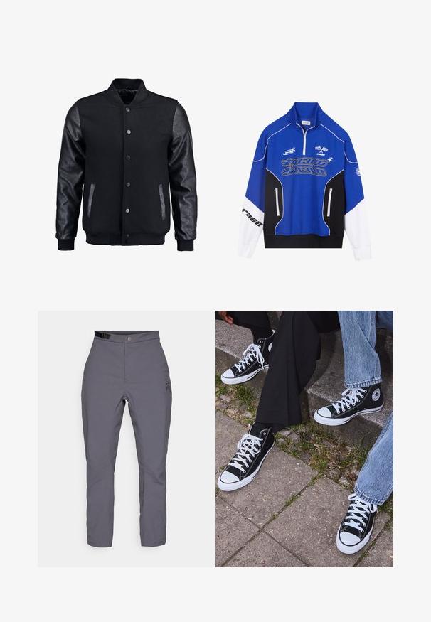 Mustmust on musta jope, millel on villane keha ja nahkvarrukad. Omab seisvat kraed, esisiidme nööpe ja küljetaskuid. Ühtlane värv, ilma mustriteta.; Sinine ja must lukuga dressipluus valgete aktsentidega, millel on julge fontidega "RACING" logo, kõrge krae ja kaks lukuga taskut.; Hallid hallid püksid, mis on valmistatud kergest, tekstuuriga kangast. Omavad nup closure, vööaukude ja õrn logo reie piirkonnas. Sirge jala lõige.; Mustad musta värvi kõrged kanvasist tossud valgete kummitaldade ja nööridega, külgedel ringikujuline logo ning kombineeritud denimist ja mustade pükstega.