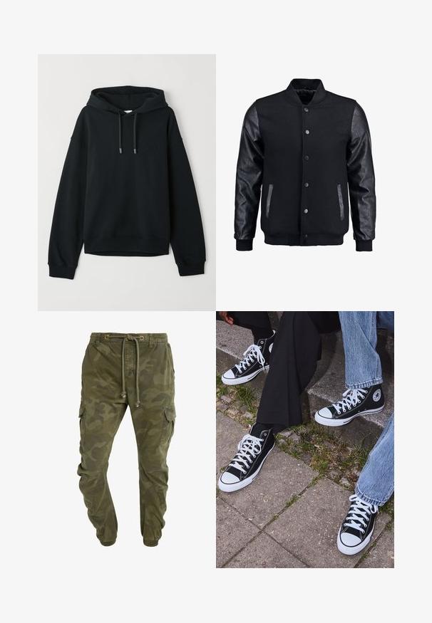 Crna bomber jakna s vunenim tijelom i kožnim rukavima. Ima stojeći ovratnik, prednje dugmadi na snap i bočne džepove. Jednobojna bez uzoraka.; Crna dukserica izrađena od mekog pamučnog materijala. Ima kapuljaču s vezicom, rebraste rukave i rub, uz suptilan logo na prsima.; Zelene cargo hlače s kamuflažnim uzorkom, s pojasom na vezanje, elastičnim rukavima i bočnim džepovima. Napravljene od čvrstog materijala.; Crne visoke platnene tenisice s bijelim gumama i vezicama, sa kružnim logom sa strane, u kombinaciji s trapericama i crnim hlačama.