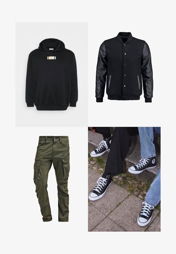 Giubbotto bomber nero con corpo in lana e maniche in pelle. Presenta un colletto alto, bottoni a pressione frontali e tasche laterali. Monocromatico, senza motivi.; Felpa nera con cappuccio realizzata in tessuto morbido, caratterizzata da un logo applicato sul davanti in bianco, giallo e blu chiaro. Include una tasca a marsupio e un cappuccio regolabile con cordini.; Pantaloni cargo verde oliva realizzati in cotone robusto. Presentano numerose tasche, una tasca laterale con zip e gambe affusolate con una finitura leggermente strutturata.; Sneakers alti neri in tela con suole e lacci bianchi, dotati di un logo circolare di lato e abbinati a pantaloni in denim e neri.