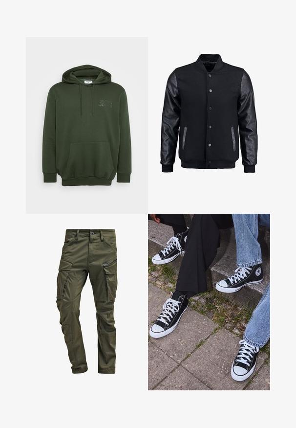 Fekete bomber dzseki gyapjú testtel és bőr ujjal. Jellemzője a felálló gallér, elöl gombos záródás, valamint oldalsó zsebek. Egyszínű, mintázat nélkül.; Olívazöld kapucnis pulóver elülső zsebbel, húzózsinórral ellátott kapucnival és dombornyomott logóval a mellkason. Puha, textúrált anyagból készült.; Olíva zöld cargo nadrág, erős pamutból készült. Több zsebbel, egy cipzáras oldalzsebbel és enyhén texturált felülettel ellátott, a szárai felé szűkülnek.; Fekete magas szárú vászon sportcipők fehér gumi talppal és fűzőkkel, az oldalukon kör alakú logóval, farmernadrággal és fekete nadrággal párosítva.