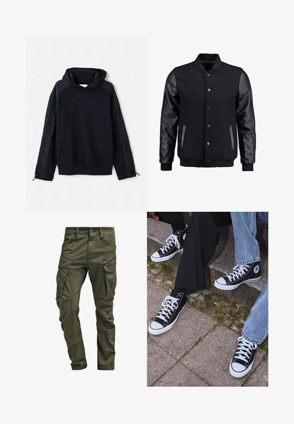 Juodas bomberio tipo švarkas su vilnoniu korpusu ir odinėmis rankovėmis. Savybės: stovintis apykaklė, priekiniai spaudiniai mygtukai ir šoniniai kišenės. Vienodos spalvos, be raštų.; Pier One Sportinis megztinis - black; Olive spalvos cargo kelnės, pagamintos iš tvirto medvilnės. Yra keletas kišenių, šonu užtraukiama kišenė ir siaurėjančios kojos su šiek tiek tekstūruotu paviršiumi.; Juoda aukšta avalynė iš kanvos su baltais guminiais padais ir raišteliais, su apvaliu logotipu šone, derinama su džinsais ir juodomis kelnėmis.