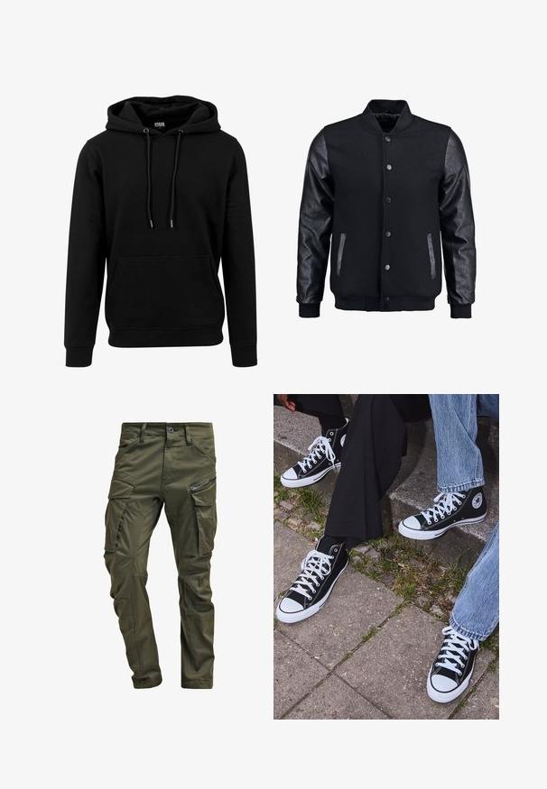 Giubbotto bomber nero con corpo in lana e maniche in pelle. Presenta un colletto alto, bottoni a pressione frontali e tasche laterali. Monocromatico, senza motivi.; Felpa nera con cappuccio realizzata in tessuto morbido, dotata di una grande tasca frontale, cordoncini e polsini e fondo a coste. Design semplice e di colore uniforme.; Pantaloni cargo verde oliva realizzati in cotone robusto. Presentano numerose tasche, una tasca laterale con zip e gambe affusolate con una finitura leggermente strutturata.; Sneakers alti neri in tela con suole e lacci bianchi, dotati di un logo circolare di lato e abbinati a pantaloni in denim e neri.
