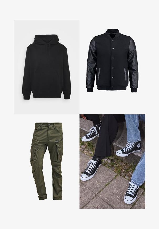 Giubbotto bomber nero con corpo in lana e maniche in pelle. Presenta un colletto alto, bottoni a pressione frontali e tasche laterali. Monocromatico, senza motivi.; Felpa con cappuccio nera realizzata in tessuto morbido, dotata di tasca a marsupio, cappuccio con cordino e polsini a costine. Design semplice senza motivi.; Pantaloni cargo verde oliva realizzati in cotone robusto. Presentano numerose tasche, una tasca laterale con zip e gambe affusolate con una finitura leggermente strutturata.; Sneakers alti neri in tela con suole e lacci bianchi, dotati di un logo circolare di lato e abbinati a pantaloni in denim e neri.