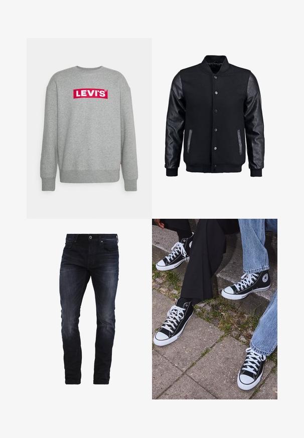 Chaqueta bomber negra con cuerpo de lana y mangas de cuero. Cuenta con un cuello alzado, botones de presión en el frente y bolsillos laterales. Color sólido sin patrones.; Levi's® RELAXED GRAPHIC CREW UNSIEX - Sudadera - grey; Vaqueros ajustados de un azul oscuro con un ligero desgastado en los muslos y las rodillas, que cuentan con bolsillos frontales, pasadores para cinturón y cierre de botón.; Zapatillas de lona negras de caña alta con suelas y cordones de goma blanca, con un logo circular en el lado, combinadas con unos pantalones de mezclilla y negros.