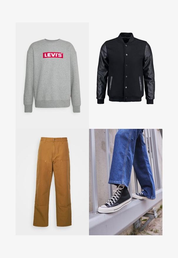 Czarna kurtka bombowca z wełnianym korpusem i skórzanymi rękawami. Posiada stójkę, zapięcie na napy z przodu i boczne kieszenie. Jednolity kolor, bez wzorów.; Levi's® RELAXED GRAPHIC CREW UNSIEX - Bluza; Brązowe bawełniane spodnie robocze o prostym kroju, z przednimi kieszeniami i metalowymi elementami dla dodatkowej wytrzymałości.; Czarne sneakersy za kostkę z białą podeszwą i sznurówkami, w połączeniu z luźnymi niebieskimi dżinsami, opierające się na szarym balustradzie.