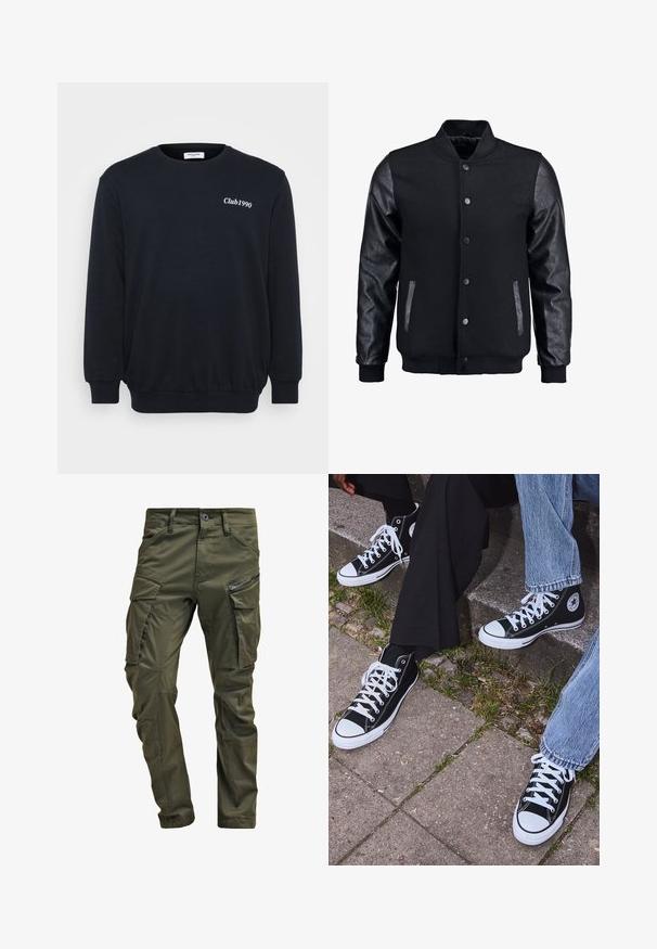 Black bomber jacket with wool body and leather sleeves. Features a standing collar, front snap buttons, and side pockets. Solid color with no patterns.; Black sweatshirt with long sleeves, ribbed cuffs, and hem. Features white text "Club1990" on the chest. Made from soft, textured fabric.; Olive green cargo pants made from sturdy cotton. Features multiple pockets, a zippered side pocket, and tapered legs with a slightly textured finish.; Black high-top canvas sneakers with white rubber soles and laces, featuring a circular logo on the side and paired with denim and black pants.