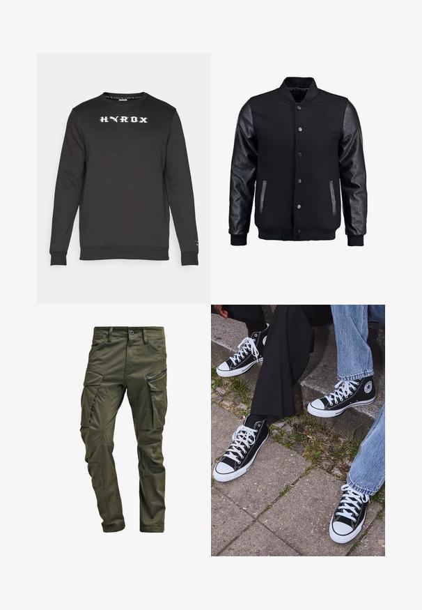 Černá bomber bunda s tělem z vlny a koženými rukávy. Má stojací límec, přední zacvakávací knoflíky a boční kapsy. Jednoduchá barva bez vzorů.; Černá mikina vyrobená z bavlněné směsi. Má kulatý výstřih, dlouhé rukávy a bílý potisk "HYDROX" přes hruď.; Olivově zelené cargo kalhoty vyrobené z pevné bavlny. Obsahují několik kapsiček, boční kapsu na zip a zúžené nohavice s mírně texturovaným povrchem.; Černé kanvasové tenisky s vysokým střihem, bílé gumové podrážky a tkaničky, s kulatým logem na boku a spárované s džíny a černými kalhotami.