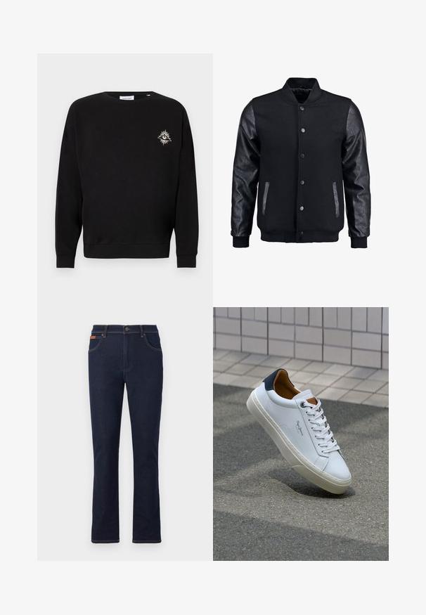 Melns bomber jakas ar vilnas korpusu un ādas piedurknēm. Iespējas ar stāvošu apkakli, priekšējiem pogām un sānu kabatām. Vienkrāsains, bez rakstiem.; Melna kokvilnas sporta krekls ar garām piedurknēm, apaļu kakla izgriezumu, ribotiem piedurkņu galiem un mazu izsistu saules dizainu kreisajā krūtī.; Tumši zili džinsi ar taisno kāju griezumu, kas ir rotāti ar oranžām vīlēm, pieci kabatas un pogu aizdare jostasvietā.; Baltas ādas čības ar tumši zilu papēdi, apaļu purngalu un kontrastējošām brūnām detaļām. Aprīkotas ar plakanu auklu un struktūrētu gumijas zoli.