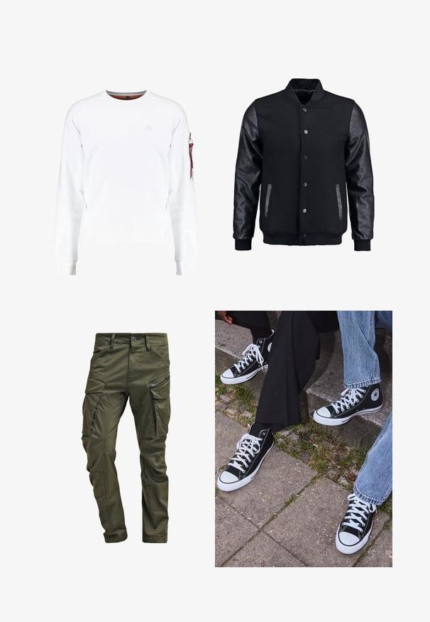 Mustmust on musta jope, millel on villane keha ja nahkvarrukad. Omab seisvat kraed, esisiidme nööpe ja küljetaskuid. Ühtlane värv, ilma mustriteta.; Valge dressipluus ribitud ümarate kaeluste ja mansettidega. Vasakul varrukal on lukuga tasku värvilise sildiga. Sujuv tekstuur, sisse jääv mugavus.; Olive rohelised cargo püksid, mis on valmistatud vastupidavast puuvillast. Omavad mitmeid taskuid, ühe lukuga küljetasku ja kergelt tekstureeritud kitsenevaid jalgu.; Mustad musta värvi kõrged kanvasist tossud valgete kummitaldade ja nööridega, külgedel ringikujuline logo ning kombineeritud denimist ja mustade pükstega.