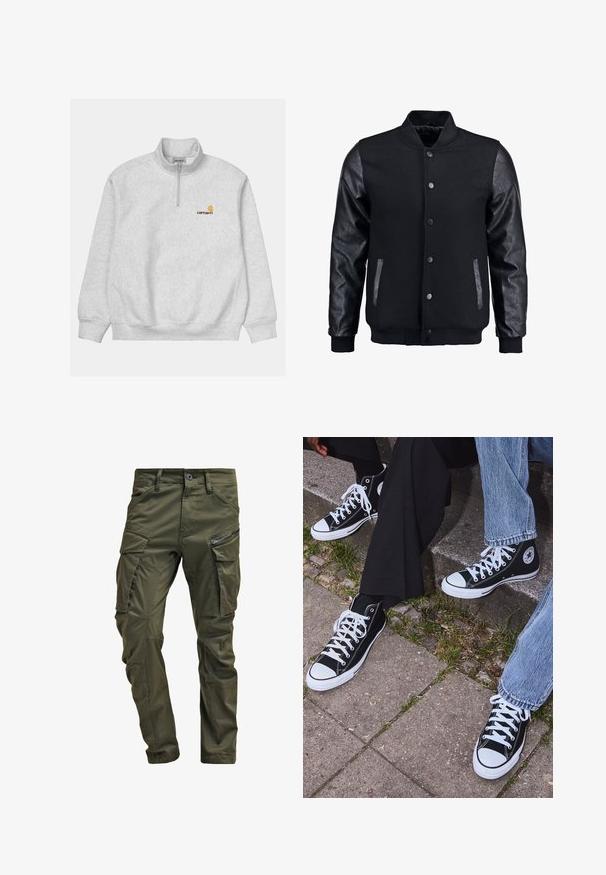 Fekete bomber dzseki gyapjú testtel és bőr ujjal. Jellemzője a felálló gallér, elöl gombos záródás, valamint oldalsó zsebek. Egyszínű, mintázat nélkül.; Világosszürke pulóver negyedcipzárral. Bordás mandzsettákkal és derékrésszel rendelkezik, valamint egy kis narancssárga és sárga logóval a mellkasán.; Olíva zöld cargo nadrág, erős pamutból készült. Több zsebbel, egy cipzáras oldalzsebbel és enyhén texturált felülettel ellátott, a szárai felé szűkülnek.; Fekete magas szárú vászon sportcipők fehér gumi talppal és fűzőkkel, az oldalukon kör alakú logóval, farmernadrággal és fekete nadrággal párosítva.