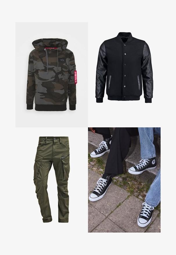 Giubbotto bomber nero con corpo in lana e maniche in pelle. Presenta un colletto alto, bottoni a pressione frontali e tasche laterali. Monocromatico, senza motivi.; Felpa camouflage in tonalità di verde scuro e grigio, con una tasca frontale a marsupio, cappuccio regolabile con cordino e una tasca con zip dotata di un'etichetta rossa.; Pantaloni cargo verde oliva realizzati in cotone robusto. Presentano numerose tasche, una tasca laterale con zip e gambe affusolate con una finitura leggermente strutturata.; Sneakers alti neri in tela con suole e lacci bianchi, dotati di un logo circolare di lato e abbinati a pantaloni in denim e neri.