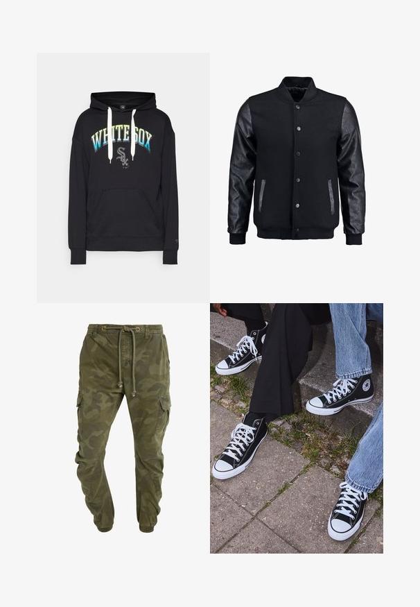 Černá bomber bunda s tělem z vlny a koženými rukávy. Má stojací límec, přední zacvakávací knoflíky a boční kapsy. Jednoduchá barva bez vzorů.; Černá mikina s kapucí a přední kapsou, na které je nápis "WHITE SOX" v gradientové modro-zelené barvě a logo na dolní části. Klasický design.; Zelené cargo kalhoty s maskáčovým vzorem, s stahovací šňůrkou v pase, elastickými manžetami a bočními kapsami. Vyrobené z odolné tkaniny.; Černé kanvasové tenisky s vysokým střihem, bílé gumové podrážky a tkaničky, s kulatým logem na boku a spárované s džíny a černými kalhotami.