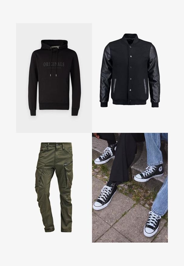 Giubbotto bomber nero con corpo in lana e maniche in pelle. Presenta un colletto alto, bottoni a pressione frontali e tasche laterali. Monocromatico, senza motivi.; Felpa nera con tasca a marsupio, cappuccio con cordoncino e logo in rilievo "ORIGINALS JACK & JONES" sul davanti. Materiale in cotone misto.; Pantaloni cargo verde oliva realizzati in cotone robusto. Presentano numerose tasche, una tasca laterale con zip e gambe affusolate con una finitura leggermente strutturata.; Sneakers alti neri in tela con suole e lacci bianchi, dotati di un logo circolare di lato e abbinati a pantaloni in denim e neri.