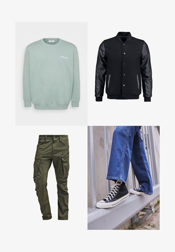 Zwarte bomberjack met een wollen lichaam en leren mouwen. Voorzien van een staande kraag, drukknopen aan de voorkant en zijkanten. Effen kleur zonder patronen.; Mintgroene crewneck sweatshirt gemaakt van een zachte katoenmix. Heeft ribgebreide manchetten en onderrand, met "Club1990" in het wit op de voorkant gedrukt.; Olijfgroene cargobroek gemaakt van stevig katoen. Beschikt over meerdere zakken, een met rits afgesloten zijzak en taps toelopende pijpen met een licht getextureerde afwerking.; Zwarte hoge sneakers met witte zool en veters, gecombineerd met losse blauwe denim jeans, rustend op een grijze leuning.