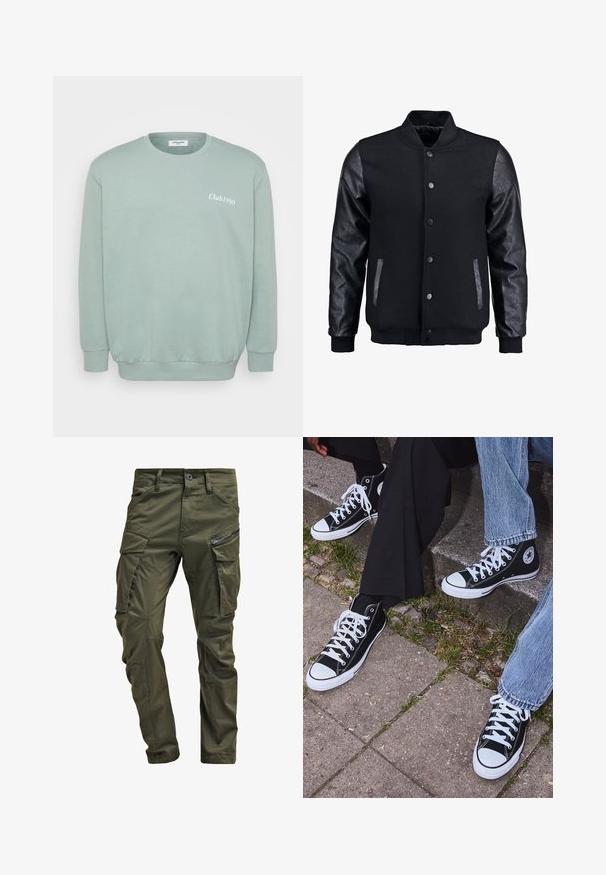 Schwarze Bomberjacke mit Wollkörper und Lederärmeln. Verfügt über einen Stehkragen, vordere Druckknöpfe und Seitentaschen. Einfarbig ohne Muster.; Mintgrüner Crewneck-Sweatshirt aus weichem Baumwollmix. Mit gerippten Bündchen und Saum, mit "Club1990" in Weiß auf der Vorderseite bedruckt.; Olivgrüne Cargo-Hosen aus strapazierfähiger Baumwolle. Sie verfügen über mehrere Taschen, eine mit Reißverschluss versehene Seitentasche und ein tapered Bein mit einer leicht strukturierten Oberflächenbeschaffenheit.; Schwarzecanvas-Sneaker mit hohem Schaft, weißen Gummisohlen und Schnürsenkeln, die ein rundes Logo an der Seite besitzen und mit Denim- sowie schwarzen Hosen kombiniert sind.