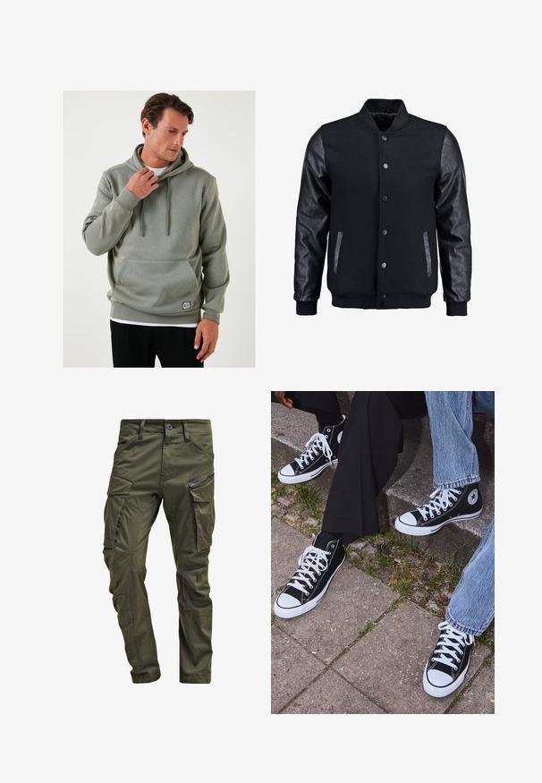 Čierna bomber bunda s vlneným telom a koženými rukávmi. Má stojačikový golier, predné patentky a bočné vrecká. Jednofarebná bez vzorov.; Svetlozelená mikina s klokankou, sťahovacími šnúrkami, pružnými manžetami a malou nášivkou pri dolnom okraji. Hladká textúra, ležérny dizajn.; Olivové cargo nohavice vyrobené z pevnej bavlny. Obsahujú viacero vreciek, zipsovou bočnou vrecko a zúžené nohavice so slabou textúrou.; Čierne vysoké plátenné tenisky s bielymi gumovými podrážkami a šnúrkami, s okrúhlym logom na boku, skombinované s džínsami a čiernymi nohavicami.