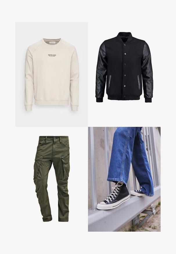 Giubbotto bomber nero con corpo in lana e maniche in pelle. Presenta un colletto alto, bottoni a pressione frontali e tasche laterali. Monocromatico, senza motivi.; Felpa color crema con maniche raglan, polsini e orlo a costine. Presenta un logo in testo nero sulla parte anteriore. Tessuto morbido e testurizzato.; Pantaloni cargo verde oliva realizzati in cotone robusto. Presentano numerose tasche, una tasca laterale con zip e gambe affusolate con una finitura leggermente strutturata.; Scarpe da ginnastica nere alte con suola e lacci bianchi, abbinate a jeans di denim blu larghi, appoggiate su un parapetto grigio.