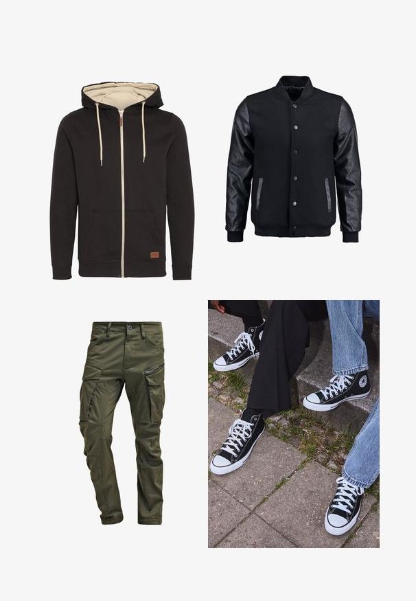 Sort bomberjakke med uldkrop og læderærmer. Har en stående krave, frontknapper og sidelommer. Ensfarvet uden mønstre.; Sort zip-up hættejakke med beige indre. Har en snøre i hætten, forlommer og et brunt læderlogo-patch. Blød tekstur.; Olivenfarvede cargo-bukser lavet af slidstærk bomuld. Har flere lommer, en lynlåslomme på siden og tapered ben med en let tekstureret overflade.; Sorte høje canvas sneakers med hvide gummisåler og snørebånd, prydet med et cirkulært logo på siden og parret med denim og sorte bukser.