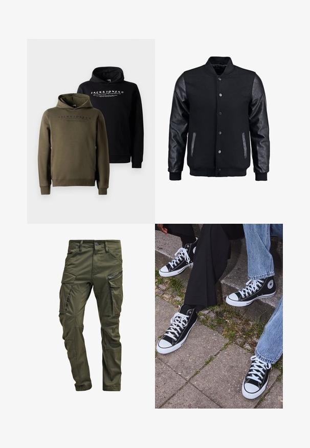 Blouson noir avec corps en laine et manches en cuir. Présente un col montant, des boutons-pression à l'avant et des poches latérales. Couleur unie sans motifs.; Sweatshirts en noir et vert olive, avec une poche kangourou à l'avant, un capuchon avec cordon de serrage et une marque imprimée sur la poitrine. Tissu doux et lisse.; Pantalons cargo vert olive en coton résistant. Dotés de plusieurs poches, d'une poche latérale zippée et de jambes fuselées avec une finition légèrement texturée.; Baskets montantes en toile noires avec semelles et lacets en caoutchouc blancs, arborant un logo circulaire sur le côté et associées à un jean et un pantalon noir.