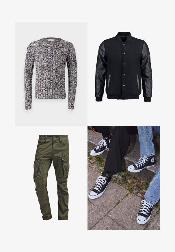 Črna bomberska jakna z volnenim telesom in usnjenimi rokavi. Ima stoječ ovratnik, sprednje snemljive gumbe in stranske žepke. Enobarvna, brez vzorcev.; Pletena pulover z dolgimi rokavi, ki se ponaša z teksturiranim črno-belih vzorcem. Okroglo izrezana ovratnika in prilegajoči se manšeti. Material se zdi mehak in lahek.; Olivno zelene cargo hlače iz trdnega bombaža. Imajo več žepov, zip žep na strani in zožene noge z rahlo teksturirano površino.; Črne visoke platnene teniske z belimi gumijastimi podplati in vezalkami, z ovalnim logotipom na strani, v kombinaciji z džinsom in črnimi hlačami.