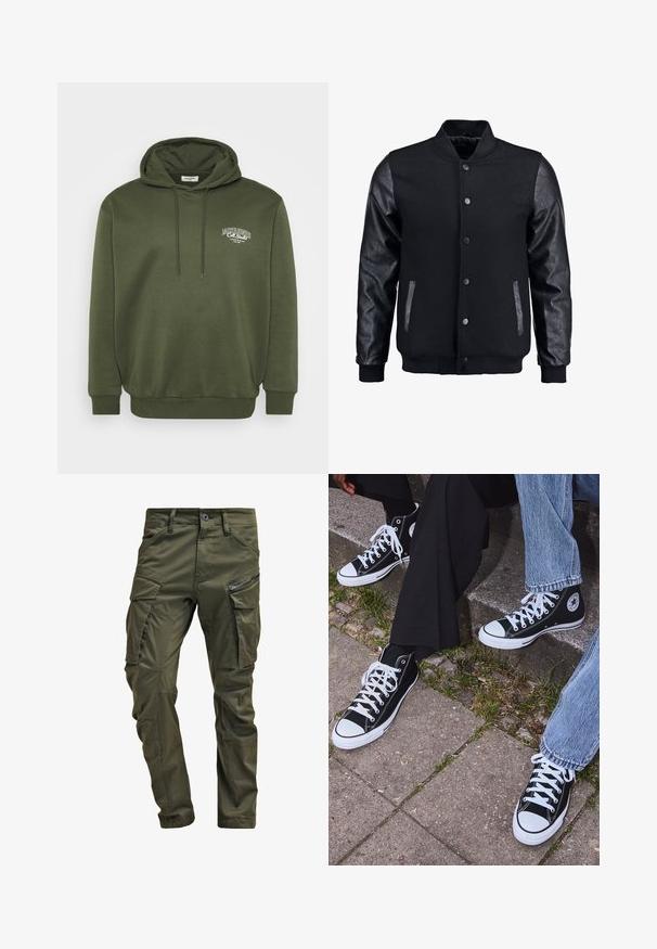 Fekete bomber dzseki gyapjú testtel és bőr ujjal. Jellemzője a felálló gallér, elöl gombos záródás, valamint oldalsó zsebek. Egyszínű, mintázat nélkül.; Olívazöld kapucnis pulóver pamut keverék anyagból, elülső kenguruzsebbel, húzózsinórral ellátott kapucnival és fehér logóhímzéssel a mellkason.; Olíva zöld cargo nadrág, erős pamutból készült. Több zsebbel, egy cipzáras oldalzsebbel és enyhén texturált felülettel ellátott, a szárai felé szűkülnek.; Fekete magas szárú vászon sportcipők fehér gumi talppal és fűzőkkel, az oldalukon kör alakú logóval, farmernadrággal és fekete nadrággal párosítva.
