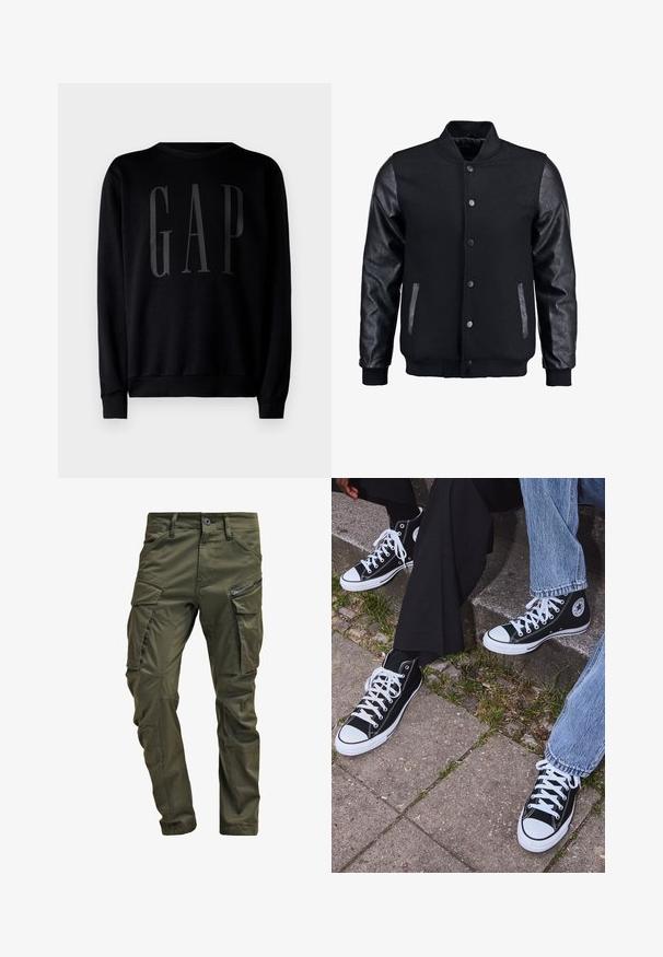 Čierna bomber bunda s vlneným telom a koženými rukávmi. Má stojačikový golier, predné patentky a bočné vrecká. Jednofarebná bez vzorov.; GAP Mikina - black; Olivové cargo nohavice vyrobené z pevnej bavlny. Obsahujú viacero vreciek, zipsovou bočnou vrecko a zúžené nohavice so slabou textúrou.; Čierne vysoké plátenné tenisky s bielymi gumovými podrážkami a šnúrkami, s okrúhlym logom na boku, skombinované s džínsami a čiernymi nohavicami.
