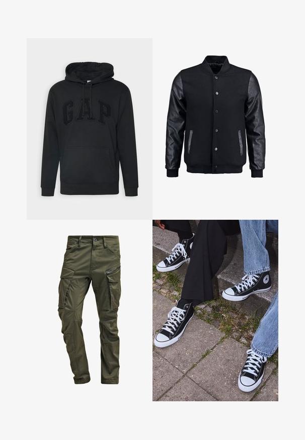 Schwarze Bomberjacke mit Wollkörper und Lederärmeln. Verfügt über einen Stehkragen, vordere Druckknöpfe und Seitentaschen. Einfarbig ohne Muster.; Schwarzer Hoodie mit großer Fronttasche, Kapuze mit Kordelzug und geprägtem, farblich passenden "GAP"-Logo. Hergestellt aus weichem Stoff mit gerippten Bündchen.; Olivgrüne Cargo-Hosen aus strapazierfähiger Baumwolle. Sie verfügen über mehrere Taschen, eine mit Reißverschluss versehene Seitentasche und ein tapered Bein mit einer leicht strukturierten Oberflächenbeschaffenheit.; Schwarzecanvas-Sneaker mit hohem Schaft, weißen Gummisohlen und Schnürsenkeln, die ein rundes Logo an der Seite besitzen und mit Denim- sowie schwarzen Hosen kombiniert sind.
