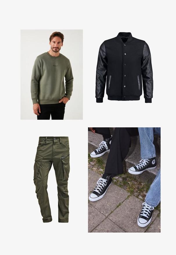 Crna bomber jakna s vunenim tijelom i kožnim rukavima. Ima stojeći ovratnik, prednje dugmadi na snap i bočne džepove. Jednobojna bez uzoraka.; Maslinasto zeleni dukserica od mekog materijala, s okruglim izrezom i izvezenim logom na prsima. Uski kroj, duge rukave.; Maslinaste zelene cargo hlače napravljene od čvrste pamučne tkanine. Imaju višestruke džepove, bočni džep sa zatvaračem i sužene nogavice sa blago teksturiranim završetkom.; Crne visoke platnene tenisice s bijelim gumama i vezicama, sa kružnim logom sa strane, u kombinaciji s trapericama i crnim hlačama.