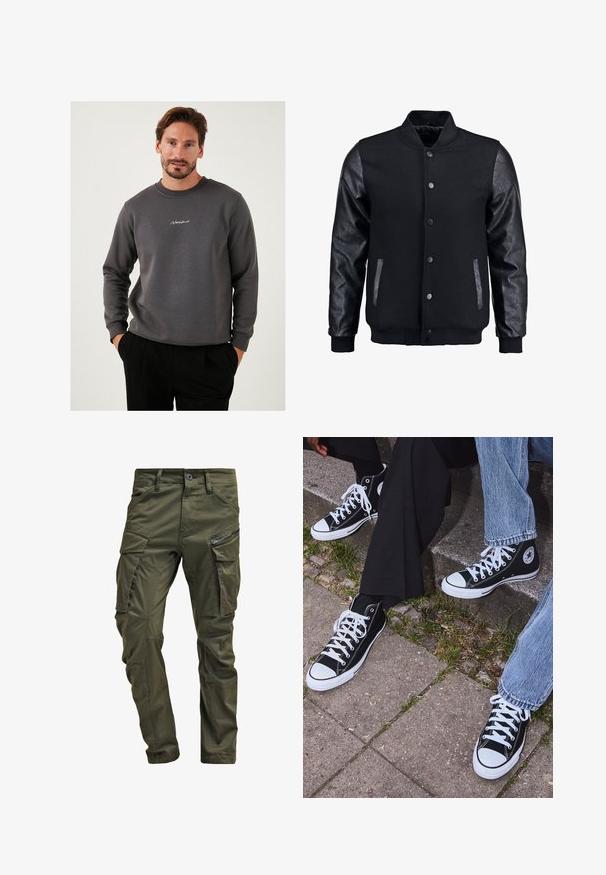 Jachetă bomber neagră cu corp din lână și mâneci din piele. Dispune de un guler în picioare, nasturi pe partea din față și buzunare laterale. Culoare solidă, fără modele.; Hanorac gri din material moale, cu guler rotund și logo brodat pe piept. Mâneci lungi și design cu croială lejeră.; Pantaloni cargo de culoare verde măsliniu, realizați din bumbac rezistent. Prezintă mai multe buzunare, un buzunar lateral cu fermoar și picioare tapered cu un finisaj ușor texturat.; Sneakers negre din pânză până la glezne cu tălpi și șireturi albe, având un logo circular pe lateral și purtate cu blugi și pantaloni negri.