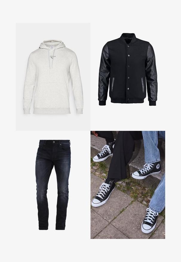 Fekete bomber dzseki gyapjú testtel és bőr ujjal. Jellemzője a felálló gallér, elöl gombos záródás, valamint oldalsó zsebek. Egyszínű, mintázat nélkül.; Szürke kapucnis pulóver pamut keverék anyagból készült. Elöl zseb, húzózsinórral ellátott kapucni és nyomtatott logó részletek találhatók a mellrészen.; Olívazöld pamutpóló, melyen egy nagy fekete Levi's logó látható, kontrasztos, félköríves formában a mellkas közepén. Normál szabású.; Sötétkék, karcsú szabású farmernadrág enyhe kopással a combokon és a térdeken, elülső zsebekkel, övbújtatókkal és gombos záródással.; Fekete magas szárú vászon sportcipők fehér gumi talppal és fűzőkkel, az oldalukon kör alakú logóval, farmernadrággal és fekete nadrággal párosítva.