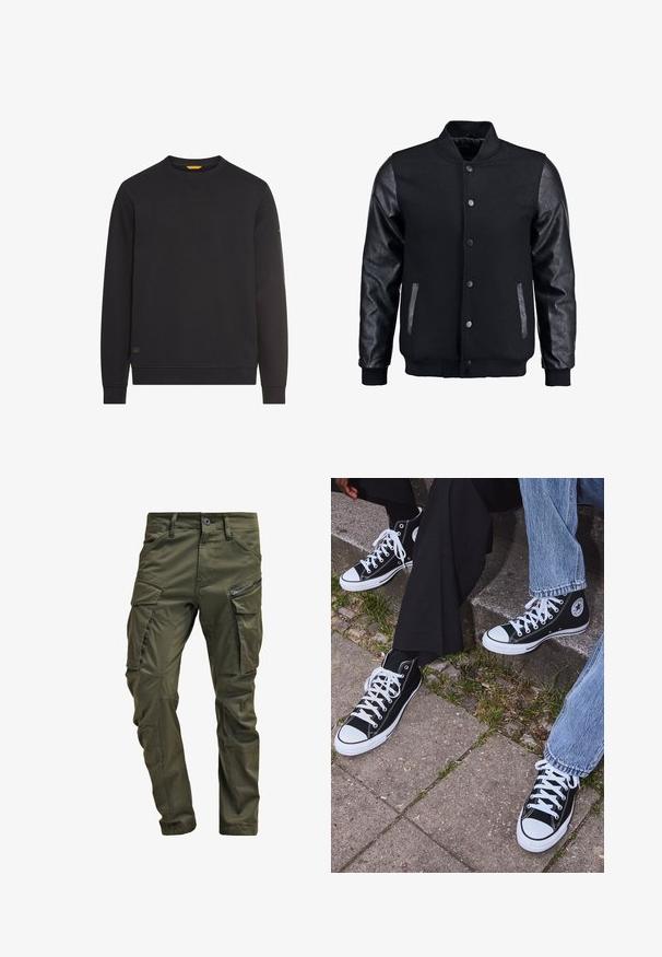 Zwarte bomberjack met een wollen lichaam en leren mouwen. Voorzien van een staande kraag, drukknopen aan de voorkant en zijkanten. Effen kleur zonder patronen.; Zwarte crewneck sweatshirt met lange mouwen, ribgebreide boorden en zoom, klein logopatch nabij de zoom en subtiel logo op de linkermouw.; Olijfgroene cargobroek gemaakt van stevig katoen. Beschikt over meerdere zakken, een met rits afgesloten zijzak en taps toelopende pijpen met een licht getextureerde afwerking.; Zwarte canvas sneakers met hoge schacht, witte rubberen zolen en veters, met een cirkelvormig logo aan de zijkant, gecombineerd met denim en zwarte broeken.