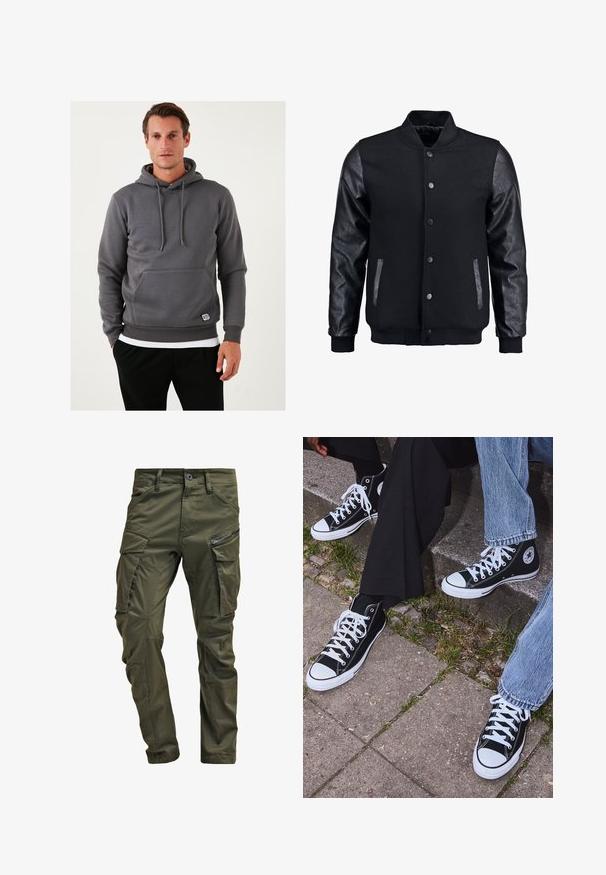 Čierna bomber bunda s vlneným telom a koženými rukávmi. Má stojačikový golier, predné patentky a bočné vrecká. Jednofarebná bez vzorov.; Šedá mikina s kapucňou, so spätným vreckom, sťahovacími šnúrkami, rebrovanými manžetami a spodným lemom. Štruktúrovaná tkanina s malou nášivkou na prednej strane.; Olivové cargo nohavice vyrobené z pevnej bavlny. Obsahujú viacero vreciek, zipsovou bočnou vrecko a zúžené nohavice so slabou textúrou.; Čierne vysoké plátenné tenisky s bielymi gumovými podrážkami a šnúrkami, s okrúhlym logom na boku, skombinované s džínsami a čiernymi nohavicami.