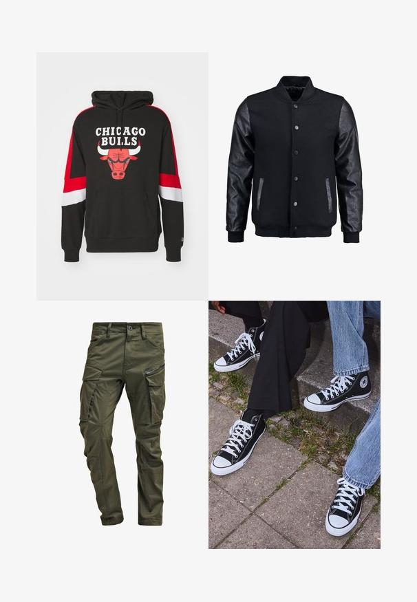 Giubbotto bomber nero con corpo in lana e maniche in pelle. Presenta un colletto alto, bottoni a pressione frontali e tasche laterali. Monocromatico, senza motivi.; Felpa nera con maniche rosse e bianche. Sul davanti c'è un grande logo dei Chicago Bulls con un'immagine della testa di un toro. Realizzata in tessuto morbido.; Pantaloni cargo verde oliva realizzati in cotone robusto. Presentano numerose tasche, una tasca laterale con zip e gambe affusolate con una finitura leggermente strutturata.; Sneakers alti neri in tela con suole e lacci bianchi, dotati di un logo circolare di lato e abbinati a pantaloni in denim e neri.