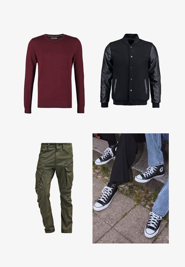 Černá bomber bunda s tělem z vlny a koženými rukávy. Má stojací límec, přední zacvakávací knoflíky a boční kapsy. Jednoduchá barva bez vzorů.; Burgundský svetr s kulatým výstřihem vyrobený z hladké tkaniny, s dlouhými rukávy a žebrovanými manžetami a lemem pro zvýšení textury.; Olivově zelené cargo kalhoty vyrobené z pevné bavlny. Obsahují několik kapsiček, boční kapsu na zip a zúžené nohavice s mírně texturovaným povrchem.; Černé kanvasové tenisky s vysokým střihem, bílé gumové podrážky a tkaničky, s kulatým logem na boku a spárované s džíny a černými kalhotami.