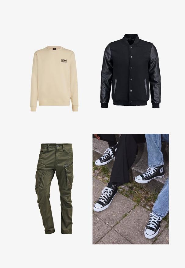 Schwarze Bomberjacke mit Wollkörper und Lederärmeln. Verfügt über einen Stehkragen, vordere Druckknöpfe und Seitentaschen. Einfarbig ohne Muster.; Beige Sweatshirt mit Rundhalsausschnitt aus Baumwollmischung, mit einem kleinen schwarzen Logo auf der Brust. Rippbündchen und -saum runden das Design ab.; Olivgrüne Cargo-Hosen aus strapazierfähiger Baumwolle. Sie verfügen über mehrere Taschen, eine mit Reißverschluss versehene Seitentasche und ein tapered Bein mit einer leicht strukturierten Oberflächenbeschaffenheit.; Schwarzecanvas-Sneaker mit hohem Schaft, weißen Gummisohlen und Schnürsenkeln, die ein rundes Logo an der Seite besitzen und mit Denim- sowie schwarzen Hosen kombiniert sind.