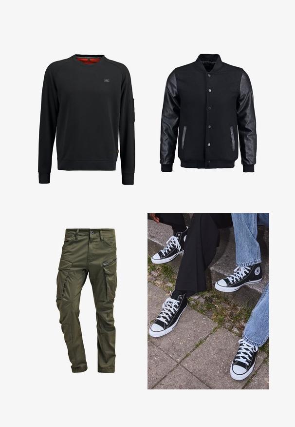 Chaqueta bomber negra con cuerpo de lana y mangas de cuero. Cuenta con un cuello alzado, botones de presión en el frente y bolsillos laterales. Color sólido sin patrones.; Sudadera negra con cuello redondo, mangas raglán, puños de canalé y un bolsillo de parche en la manga. El interior presenta un forro rojo.; Pantalones cargo verde oliva hechos de algodón resistente. Cuenta con múltiples bolsillos, un bolsillo lateral con cremallera y piernas ajustadas con un acabado ligeramente texturizado.; Zapatillas de lona negras de caña alta con suelas y cordones de goma blanca, con un logo circular en el lado, combinadas con unos pantalones de mezclilla y negros.