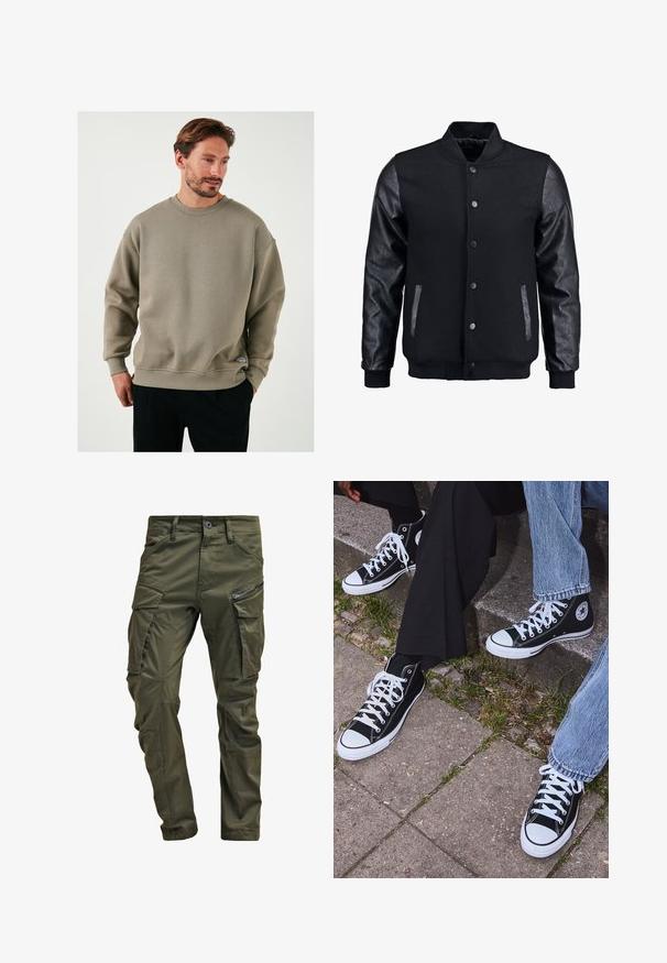 Chaqueta bomber negra con cuerpo de lana y mangas de cuero. Cuenta con un cuello alzado, botones de presión en el frente y bolsillos laterales. Color sólido sin patrones.; Sudadera verde olivo hecha de tela texturizada, con cuello redondo, hombros caídos y una pequeña etiqueta con el logo en el dobladillo.; Pantalones cargo verde oliva hechos de algodón resistente. Cuenta con múltiples bolsillos, un bolsillo lateral con cremallera y piernas ajustadas con un acabado ligeramente texturizado.; Zapatillas de lona negras de caña alta con suelas y cordones de goma blanca, con un logo circular en el lado, combinadas con unos pantalones de mezclilla y negros.
