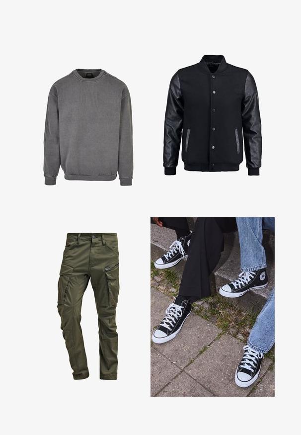 Černá bomber bunda s tělem z vlny a koženými rukávy. Má stojací límec, přední zacvakávací knoflíky a boční kapsy. Jednoduchá barva bez vzorů.; Šedá mikina z měkké, texturované látky. Má kulatý výstřih, dlouhé rukávy a žebrované manžety a lem. Minimalistický design bez vzorů.; Olivově zelené cargo kalhoty vyrobené z pevné bavlny. Obsahují několik kapsiček, boční kapsu na zip a zúžené nohavice s mírně texturovaným povrchem.; Černé kanvasové tenisky s vysokým střihem, bílé gumové podrážky a tkaničky, s kulatým logem na boku a spárované s džíny a černými kalhotami.