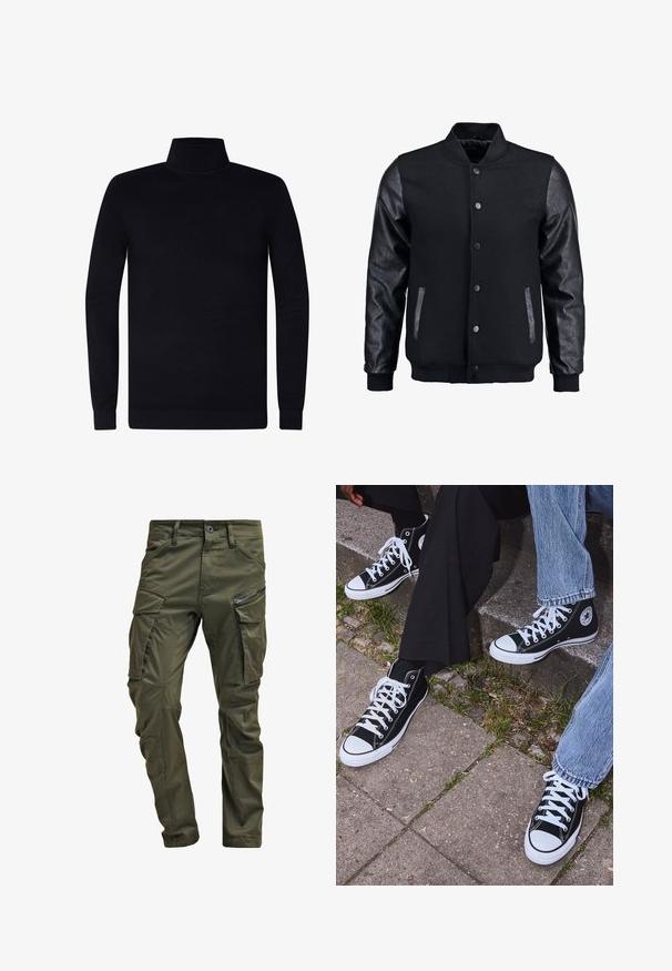 Giubbotto bomber nero con corpo in lana e maniche in pelle. Presenta un colletto alto, bottoni a pressione frontali e tasche laterali. Monocromatico, senza motivi.; Maglione a collo alto nero, con polsini e colletto a costine, realizzato in un morbido tessuto knit, design leggero, maniche lunghe, senza marchi o fantasie visibili.; Pantaloni cargo verde oliva realizzati in cotone robusto. Presentano numerose tasche, una tasca laterale con zip e gambe affusolate con una finitura leggermente strutturata.; Sneakers alti neri in tela con suole e lacci bianchi, dotati di un logo circolare di lato e abbinati a pantaloni in denim e neri.