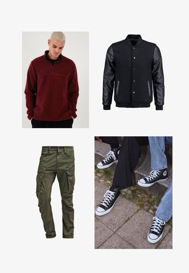 Schwarze Bomberjacke mit Wollkörper und Lederärmeln. Verfügt über einen Stehkragen, vordere Druckknöpfe und Seitentaschen. Einfarbig ohne Muster.; Burgunderfarbener Fleece-Pullover mit hohem Kragen, halbem Reißverschluss und schwarzen Akzenten. Weiche Textur, lange Ärmel und horizontale Nahtdetails.; Olivgrüne Cargo-Hosen aus strapazierfähiger Baumwolle. Sie verfügen über mehrere Taschen, eine mit Reißverschluss versehene Seitentasche und ein tapered Bein mit einer leicht strukturierten Oberflächenbeschaffenheit.; Schwarzecanvas-Sneaker mit hohem Schaft, weißen Gummisohlen und Schnürsenkeln, die ein rundes Logo an der Seite besitzen und mit Denim- sowie schwarzen Hosen kombiniert sind.