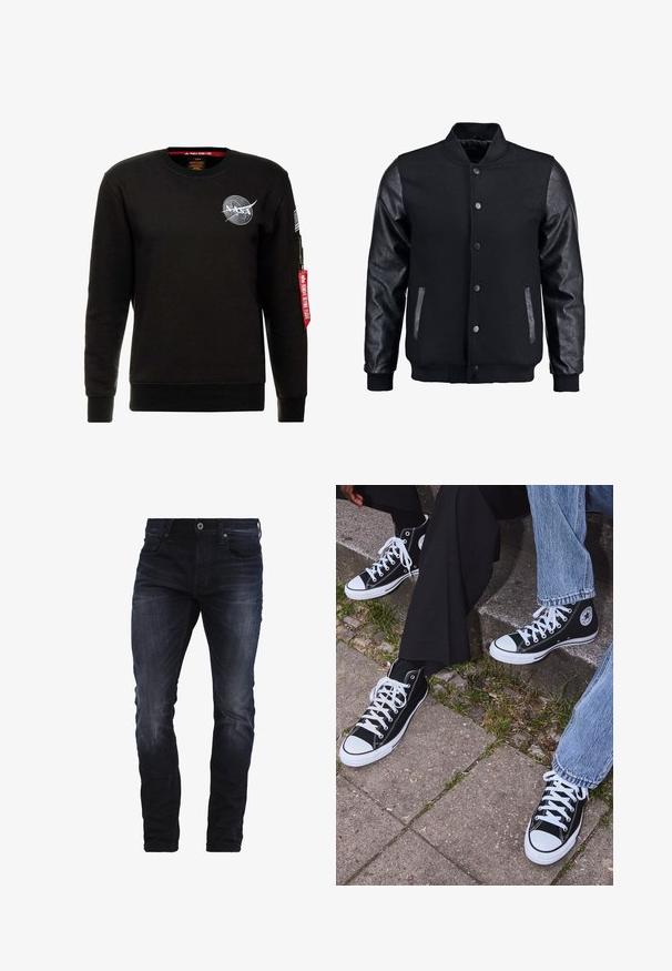 Musta pommittaja takki, jossa villakangasrunko ja nahkahihat. Varustettu pystykovalla, etupainonapeilla ja sivutaskuilla. Yksivärinen, ilman kuvioita.; Alpha Industries NASA - Collegepaita - schwarz; Oliivinvihreä puuvillainen t-paita, jossa suuri musta Levi's-logo kontrastivärisenä puolikaarena rinnalla. Normaali istuvuus.; Tummansiniset slim fit -farkut, joissa on vähäistä kulutusta reiden ja polvien kohdalla. Farkuissa on etupussit, vyölenkit ja nappisuljenta.; Mustat korkeat kangaslenkkarit, joissa on valkoiset kumipohjat ja nauhat, sivussa on pyöreä logo, ja ne on yhdistetty farkkuihin ja mustiin housuihin.