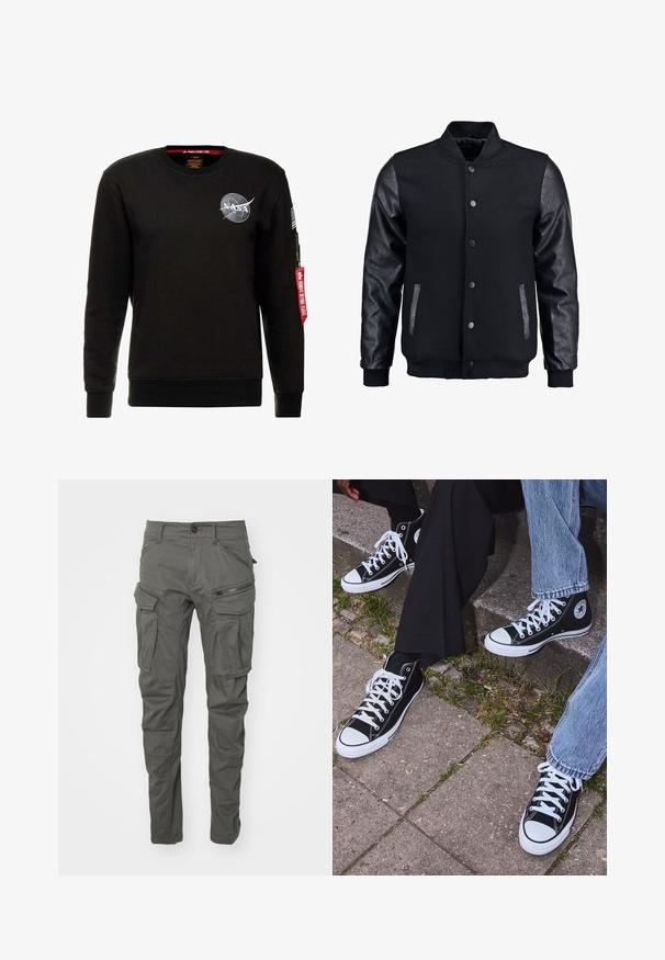 Črna bomberska jakna z volnenim telesom in usnjenimi rokavi. Ima stoječ ovratnik, sprednje snemljive gumbe in stranske žepke. Enobarvna, brez vzorcev.; Alpha Industries NASA - Športni pulover - schwarz; Olivno zelena bombažna majica s kratkimi rokavi, na prsih pa se nahaja velik črn Levi's logotip v kontrastni polkrožni obliki. Redna prileganost.; Sive cargo hlače izdelane iz trpežnega materiala, z več žepi, zadrgami, gumbnim zapiranjem ter zasnovo zoženih nog.; Črne visoke platnene teniske z belimi gumijastimi podplati in vezalkami, z ovalnim logotipom na strani, v kombinaciji z džinsom in črnimi hlačami.